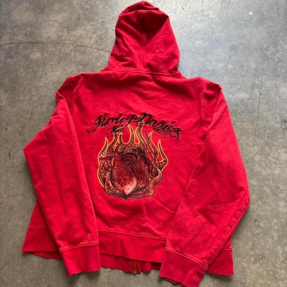 Vintage y2k Harley Davidson Rose Flame Zip Up Hoodie Size XL